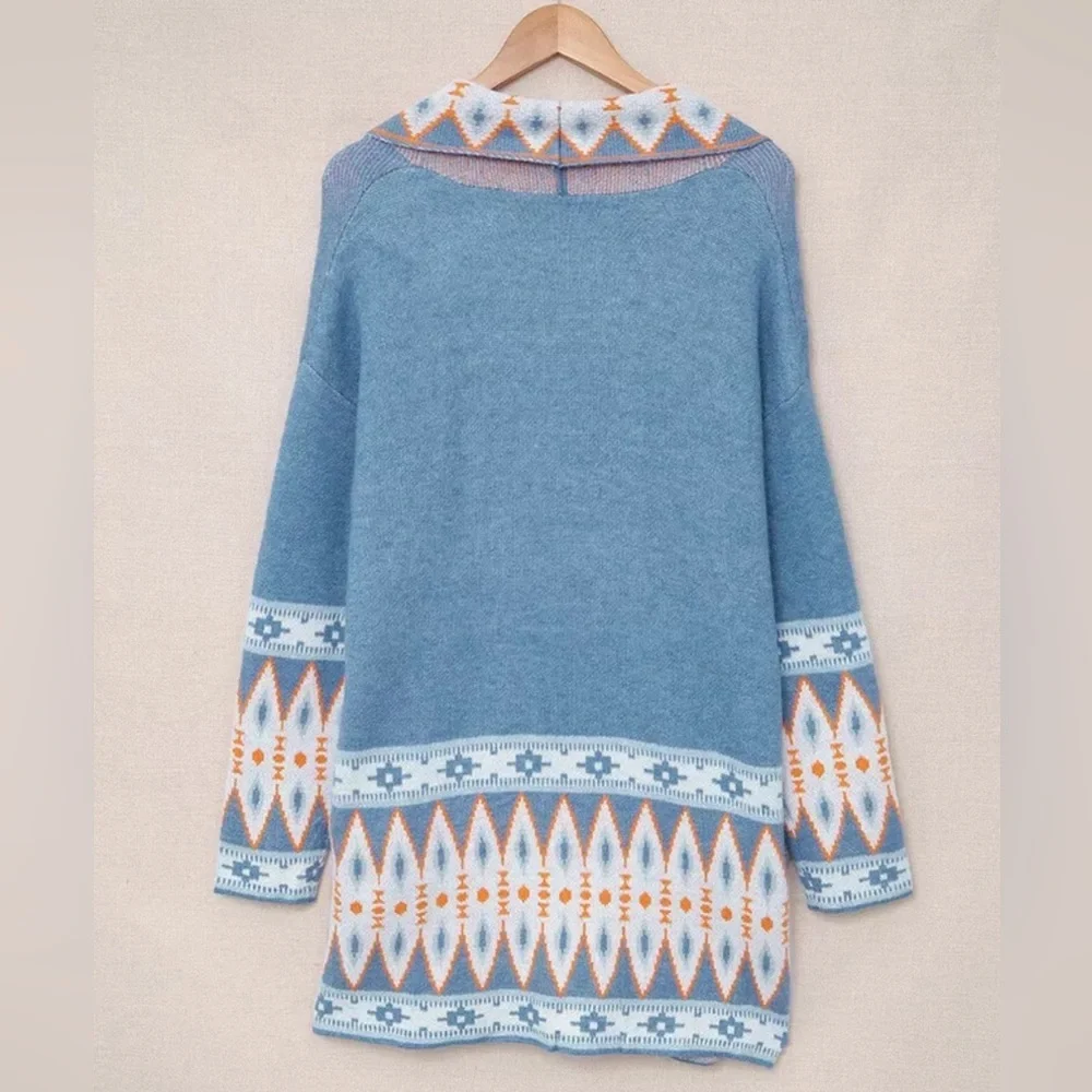 Cardigan Aztec Sweater ~ Long Sleeve Tribal Print Wool Knit Open Front in Blue - Picture 4 of 16